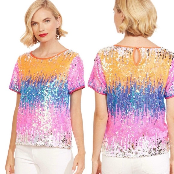 Eva Franco Loretta Multicolor Sequined Tee Vibrant Colorful Whimsy Party Fun S - Picture 2 of 12